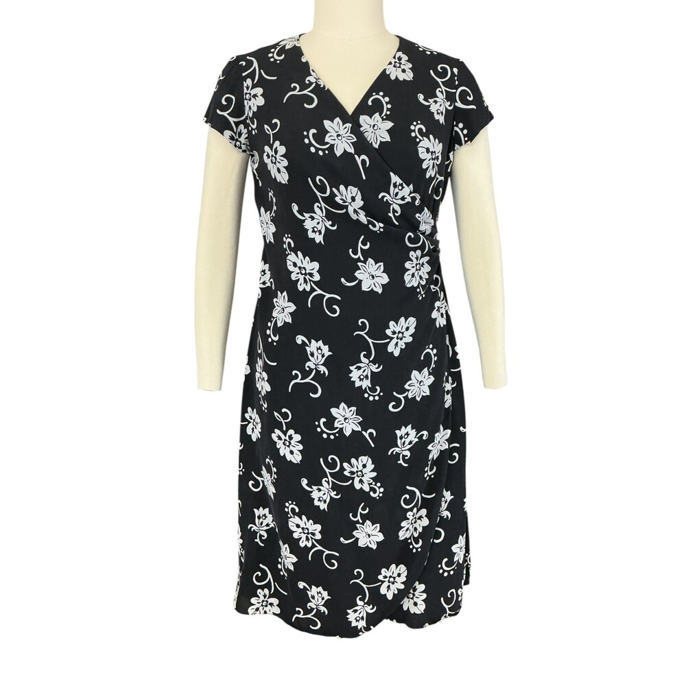 VTG Ralph Lauren Silk Dress Size 14 Faux Wrap Black White Floral Midi LRL